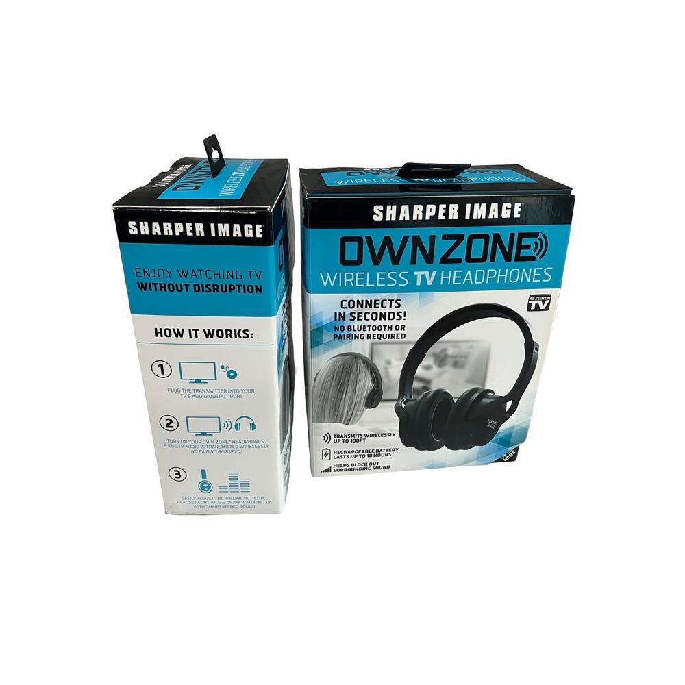 2 Sharper Image Own Zone Wireless TV Headphones w/ Transmitters 100ft Black - Picture 2 of 8